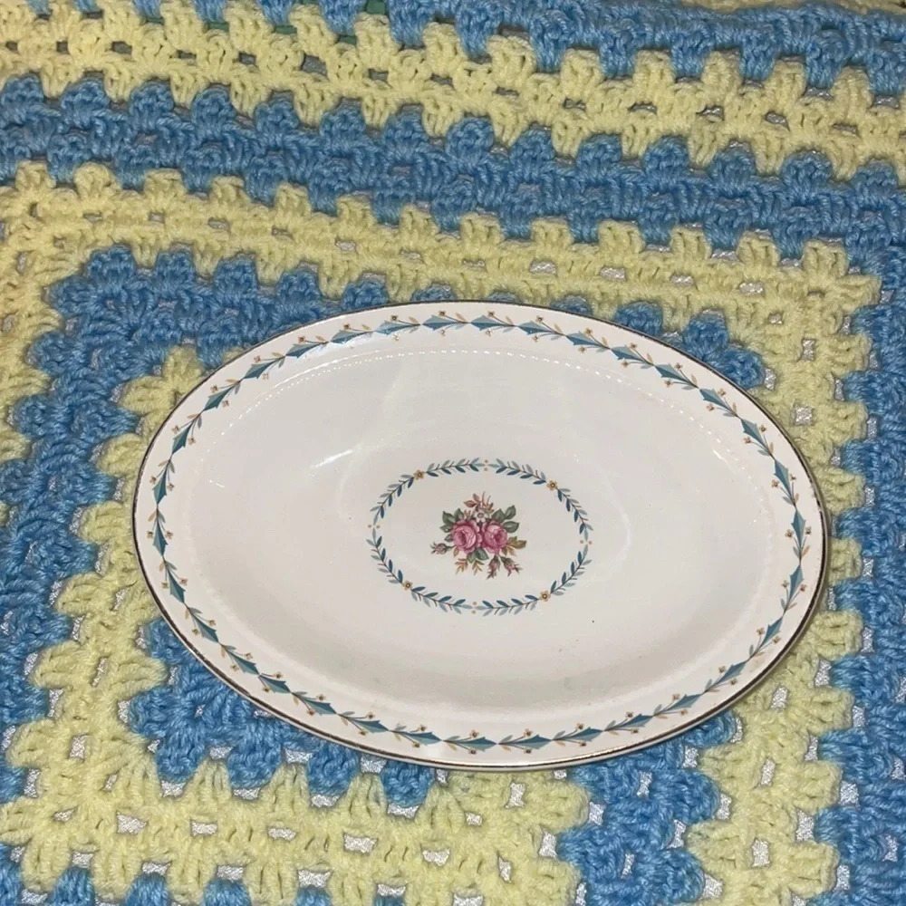 Harmony House serving bowl oval Vintage China flower pattern dining blue white